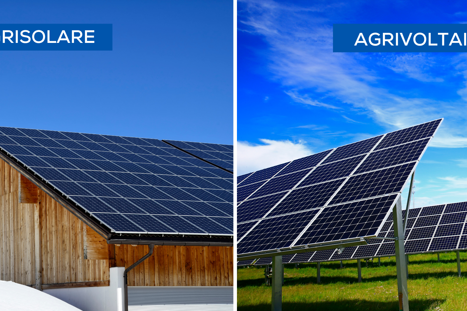 Agrisolare e agrivoltaico. Pannelli fotovoltaici su edificio e pannelli fotovoltaici installati a terra.