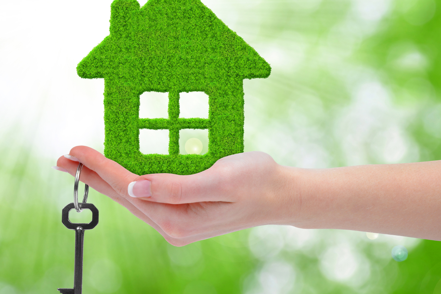 Casa verde appoggiata su una mano con una chiave. Case green: stop vendita abitazioni energivore